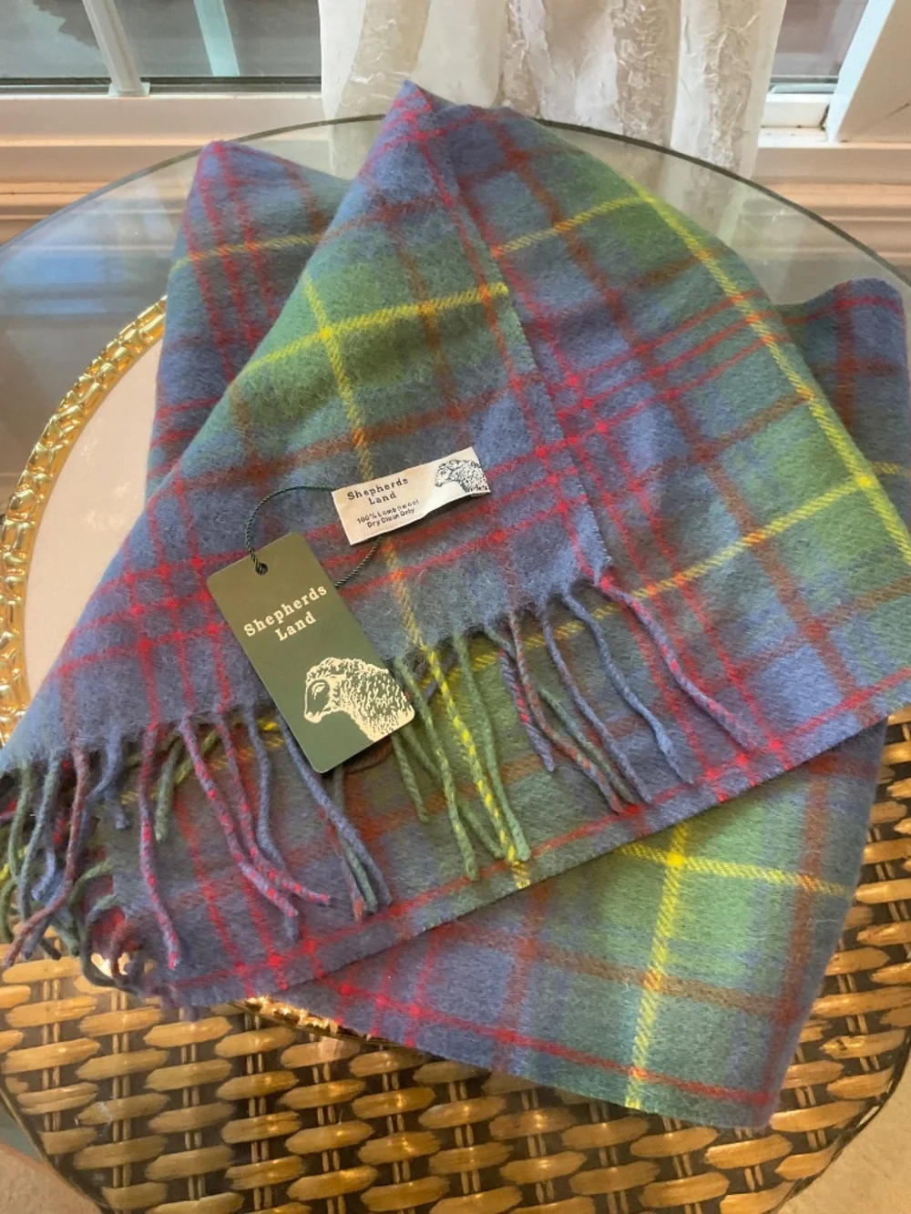 Shepherds Land Blue Plaid Lambs Wool Scarf NWT